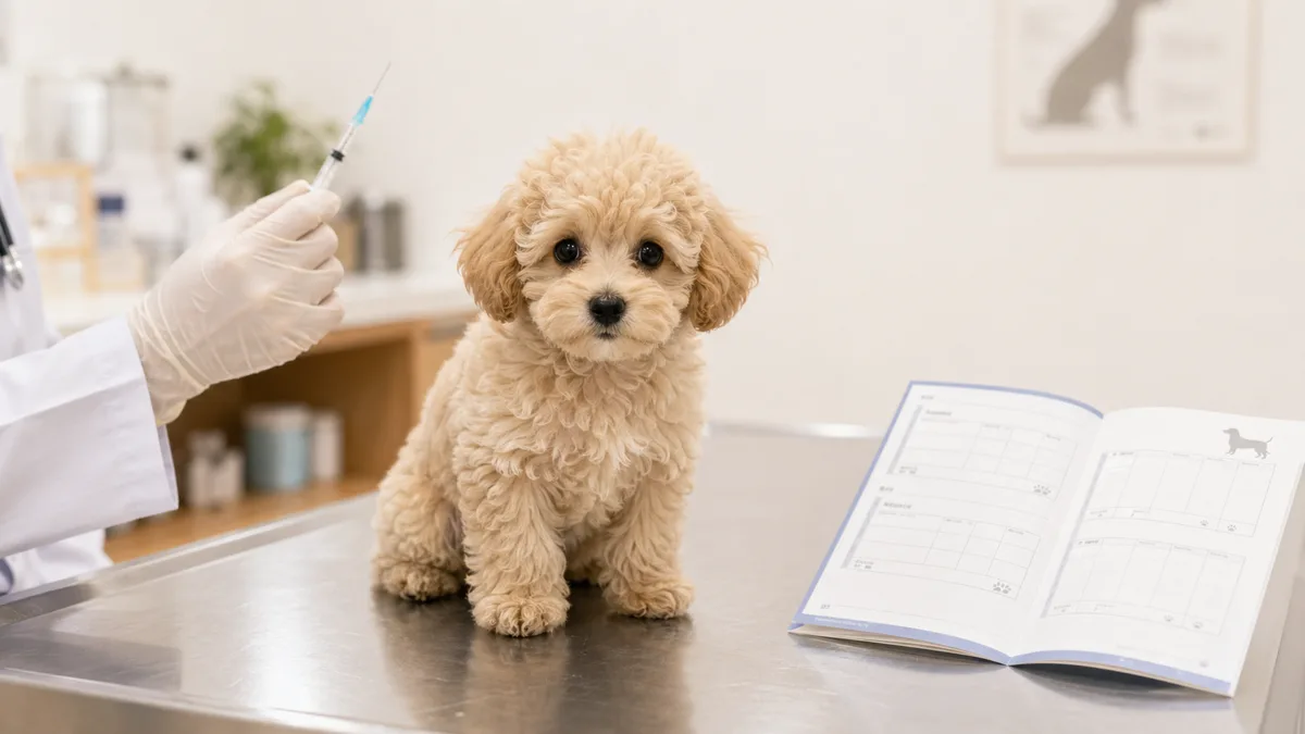 ワクチン接種を受ける子犬と接種記録