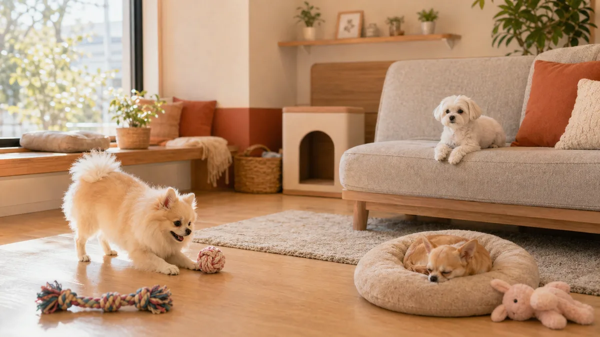 リビングのようなケージレスペットホテルで過ごす犬たち