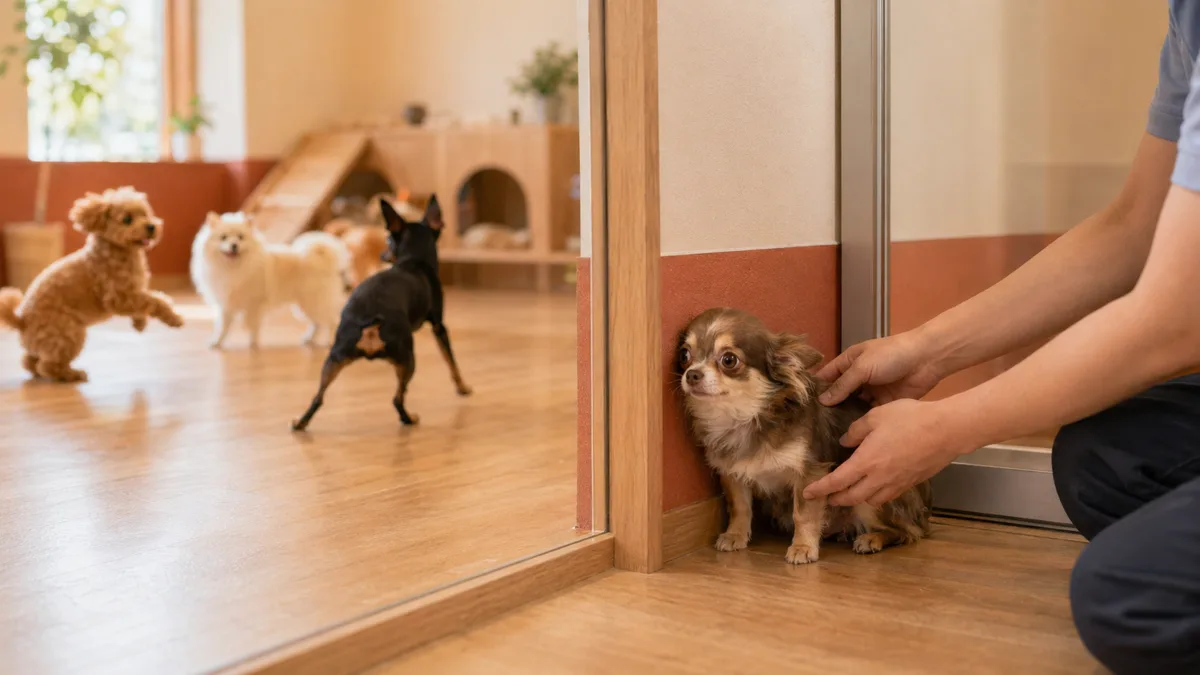 ケージレスが苦手な犬を静かな個室へ誘導するスタッフ