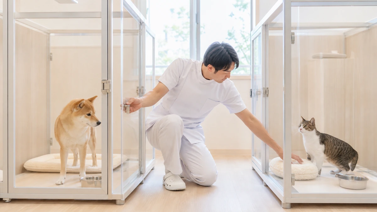秋田市の動物病院併設ペットホテルで獣医師が犬猫それぞれの部屋を確認している様子