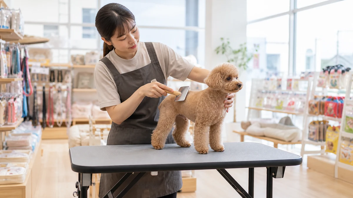 秋田市のペットショップ内でトリマーが小型犬をブラッシングしている様子