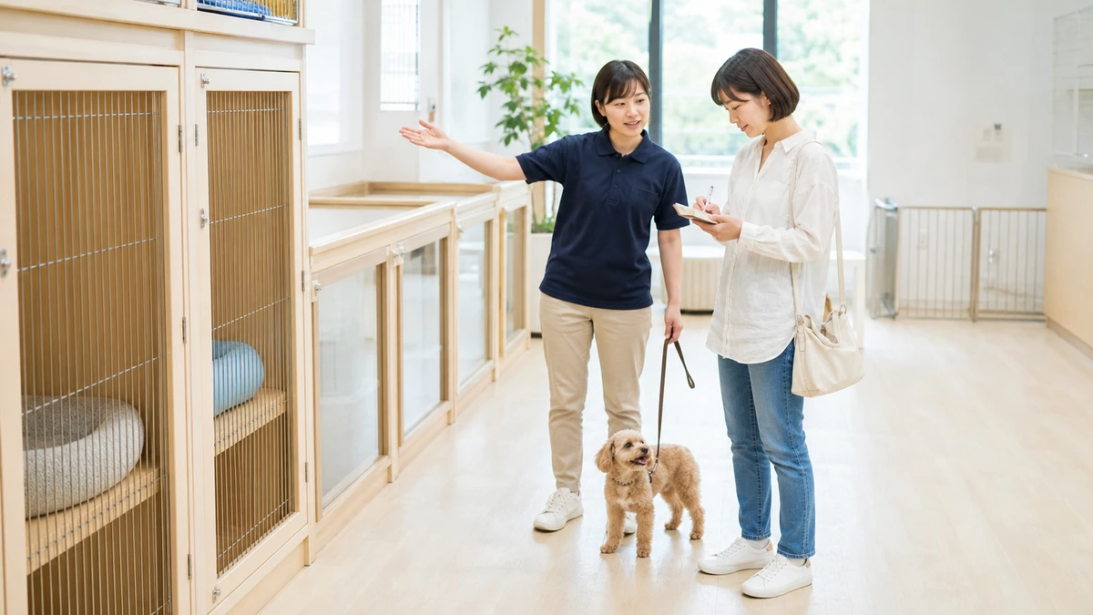 ペットホテルの見学で、預かりスペースを見ながらスタッフに質問し、メモを取る飼い主。足元に小型犬が立っている