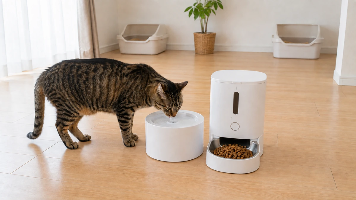 白い自動給餌器と自動給水器が並ぶ明るいフローリングの部屋で、キジトラの猫が給水器から水を飲んでいる。奥には猫用トイレが2つ離して置かれている