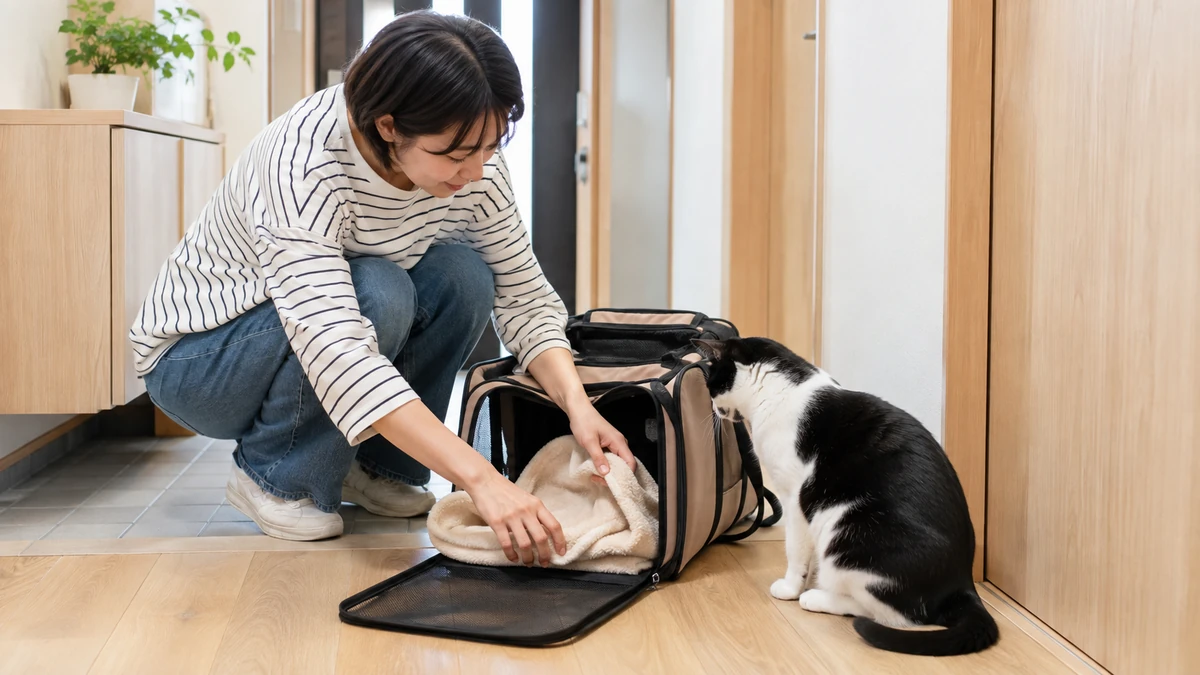 玄関前の明るい廊下で、飼い主がしゃがんでキャリーバッグに毛布を敷いている。すぐそばに白黒の猫が座って中をのぞきこんでいる