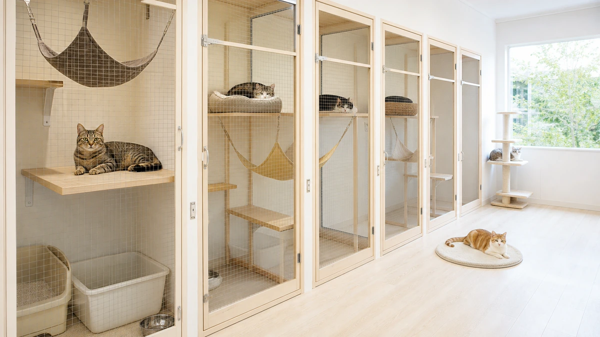猫専用の宿泊室。棚とハンモックのある背の高いケージが並び、1匹が扉越しに外を見ている。犬はいない
