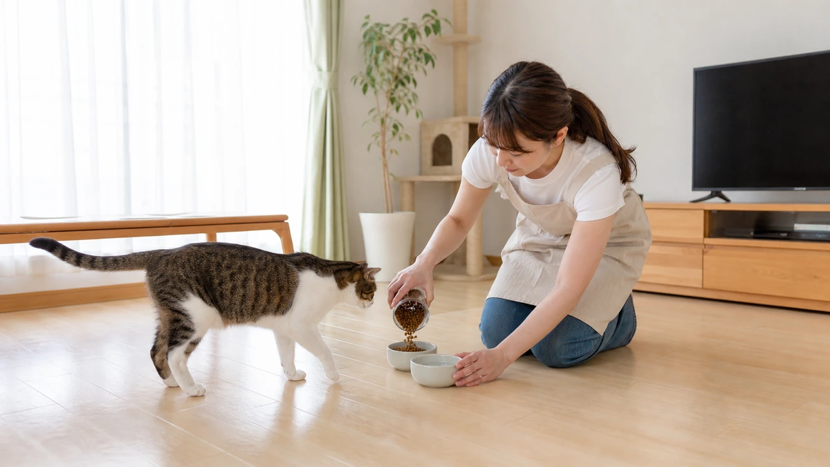 明るいリビングの床にひざをついて、猫の食器に水とフードを補充するペットシッター。猫が横から近づいている