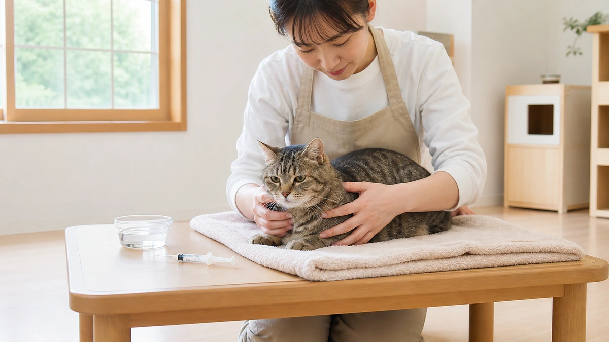 エプロン姿のスタッフが、低いテーブルに敷いたタオルの上で高齢猫を優しく支えている。傍らに投薬用シリンジと水入れ