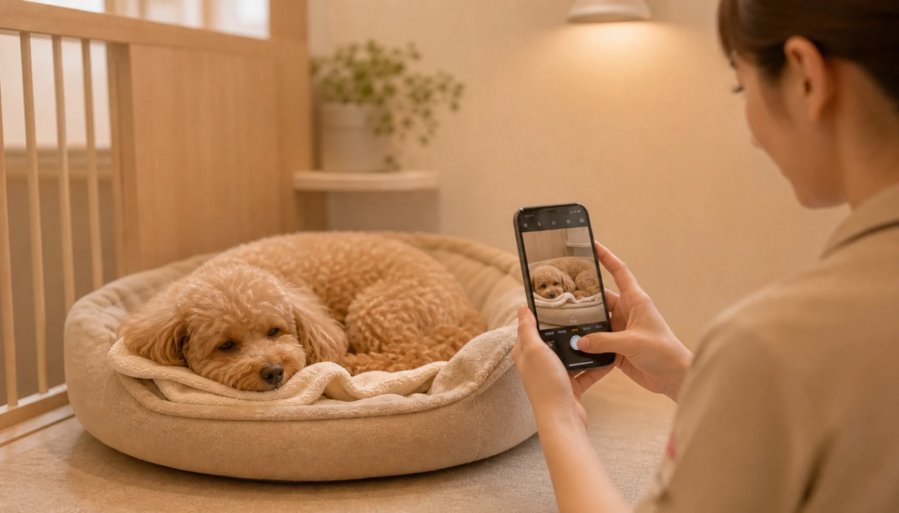 スタッフが資料用に小型犬を撮影する報告サービス