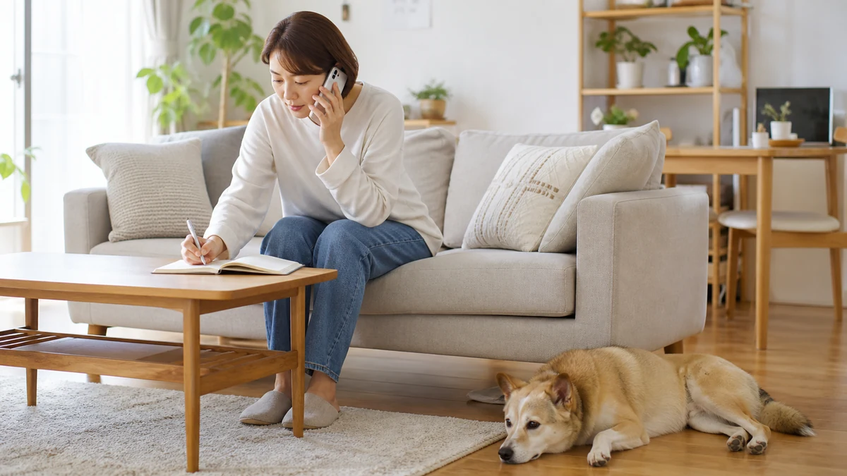 明るいリビングでスマートフォンを耳に当てながらメモ帳に書き込む飼い主。ソファの横に中型犬が伏せている