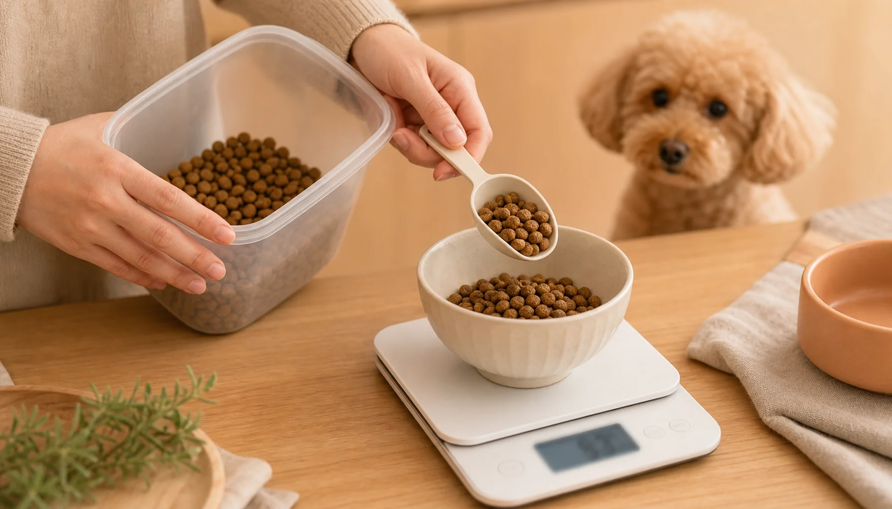 デジタルキッチンスケールでフード量を計算する飼い主