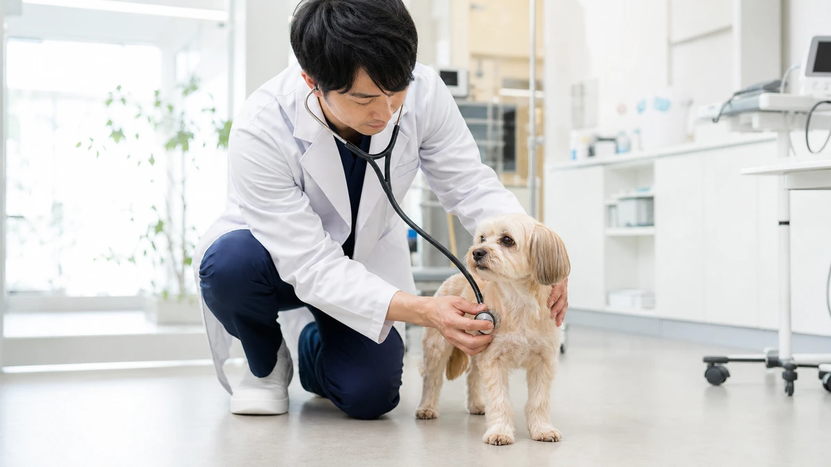 診察台の上に落ち着いて立つ小型犬の胸に聴診器を当てる獣医師