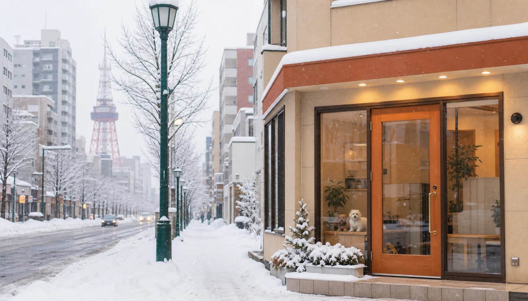 札幌市内のペットホテル外観と積雪