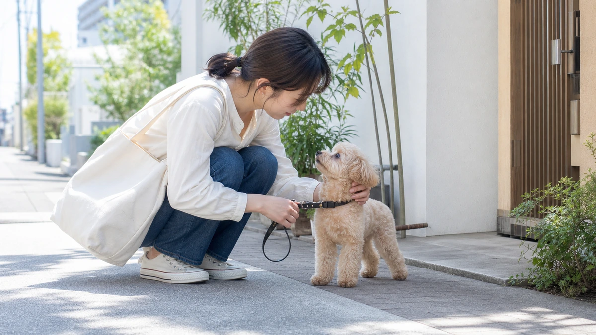 日の当たる歩道でしゃがみ、預ける前の小型犬に声をかける女性。犬は地面に立って見上げている