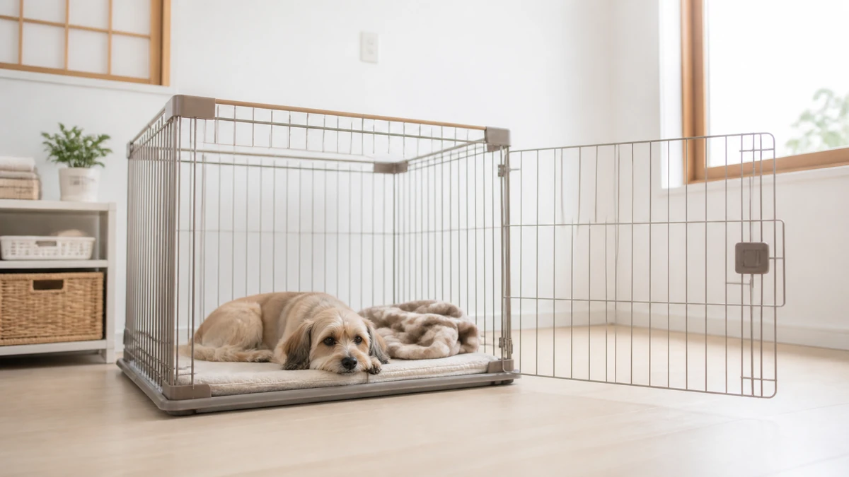 柔らかいマットと自宅から持参した毛布が入ったケージで、犬が落ち着いて休んでいる。扉は開いている