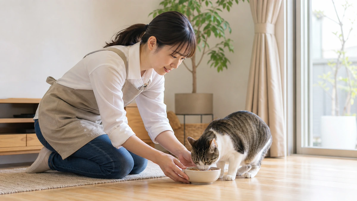 ペットシッターの訪問。明るいリビングの床にひざをついて、猫に食事を与えている