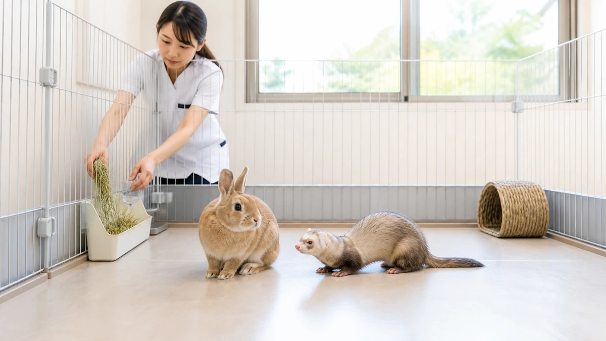 香川県の動物病院併設ペットホテルで、うさぎとフェレットが並んで過ごすケージ内の様子