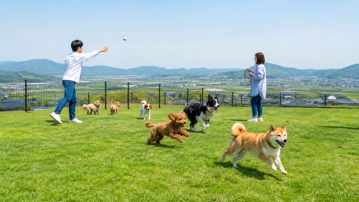 観音寺市の広いドッグランで数頭の犬が自由に走り回る様子、遠くに讃岐平野が見える