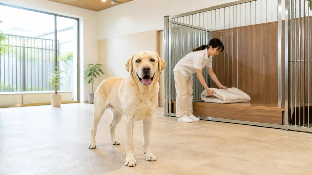 ラブラドールなどの大型犬が、広い宿泊部屋の床に立っている。奥に大型犬用のケージ