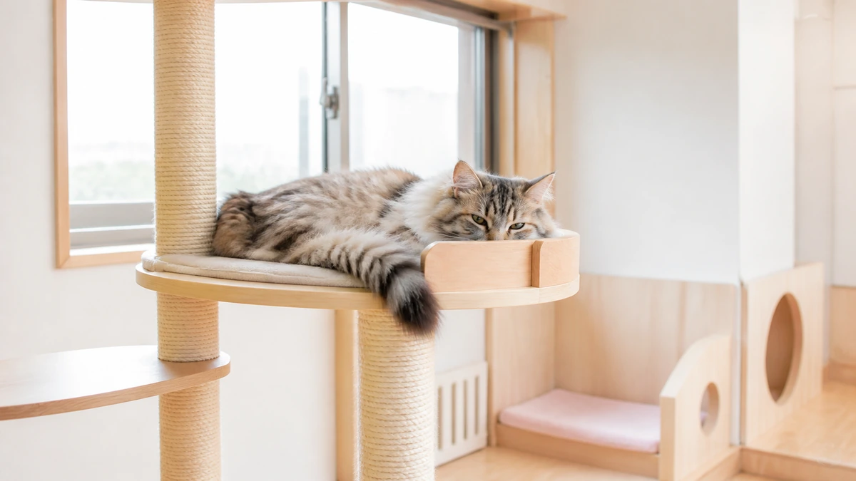 明るく静かな宿泊部屋で、木製のキャットタワーの上段に猫がくつろいでいる