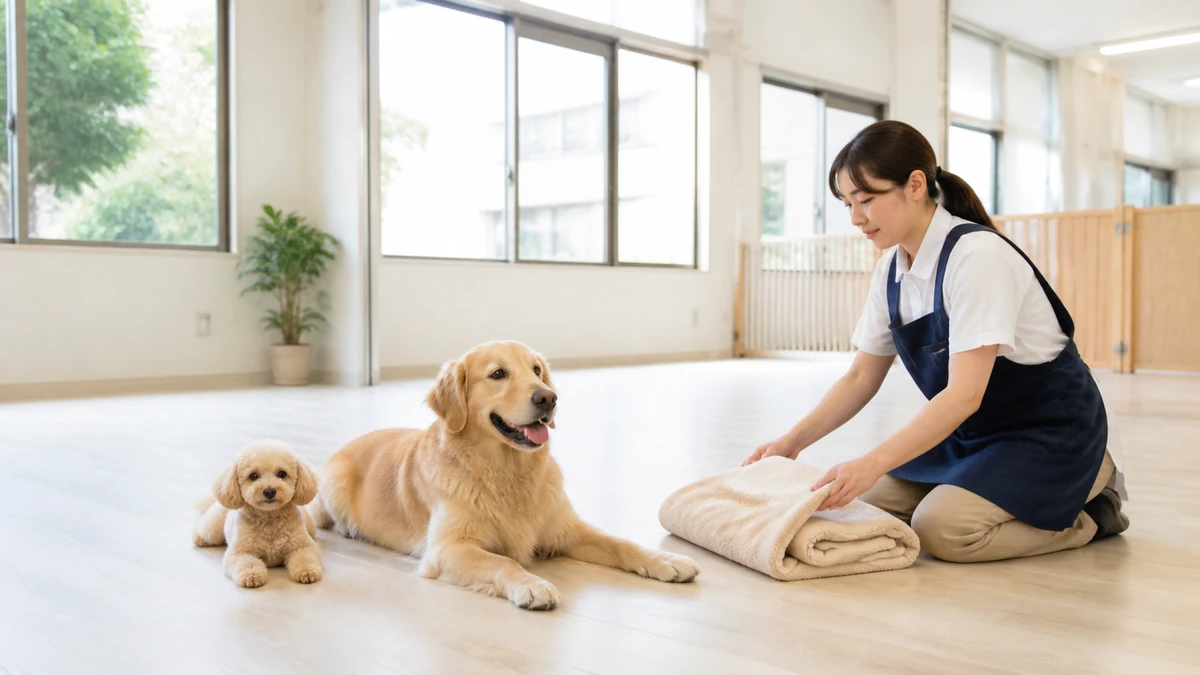 広く明るい宿泊部屋の床で、大型犬と小型犬が並んで休んでいる。周囲に十分な床面積がある