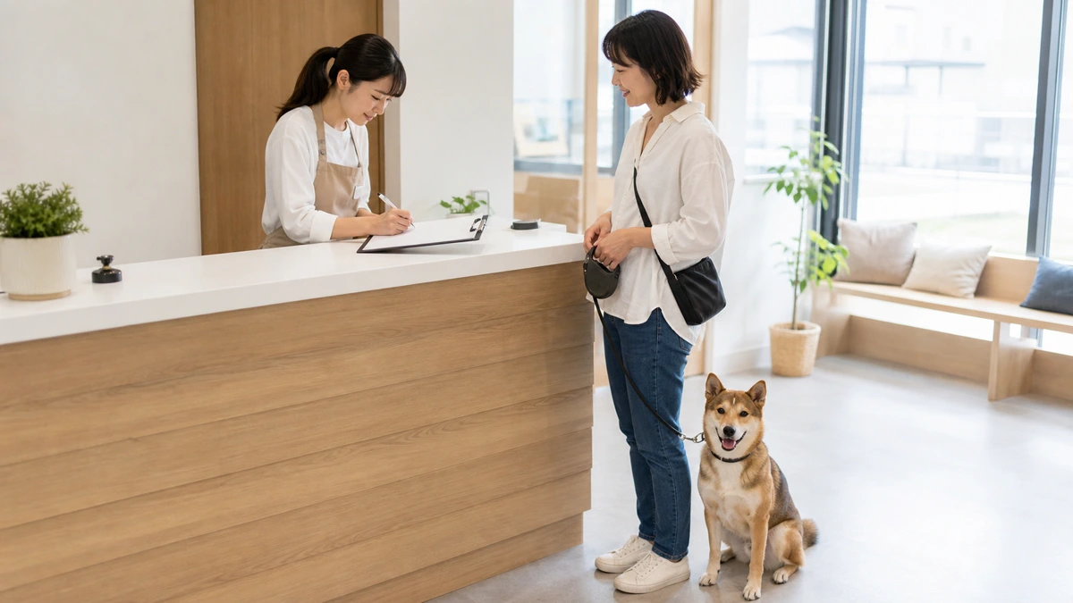 明るい受付で、クリップボードに記入するスタッフとそれを見る利用者。足元に中型犬が座っている