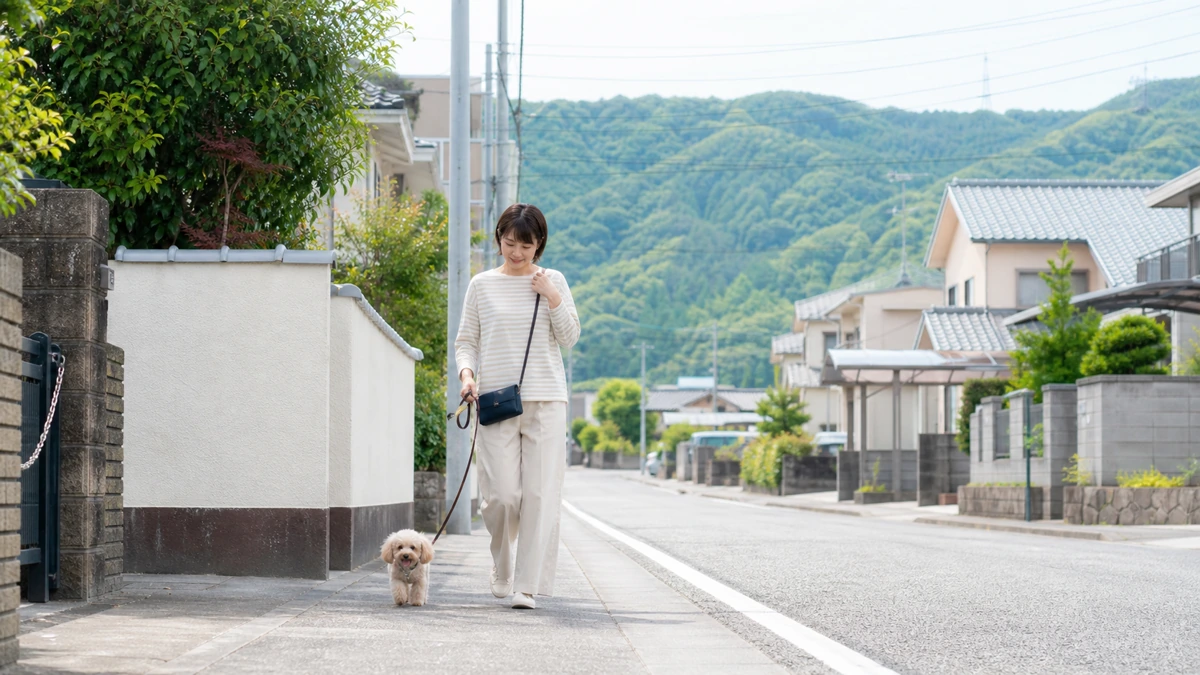 熊本県の住宅街の歩道。低層の家並みと遠くに緑の稜線が見え、女性が小型犬を連れて歩いている