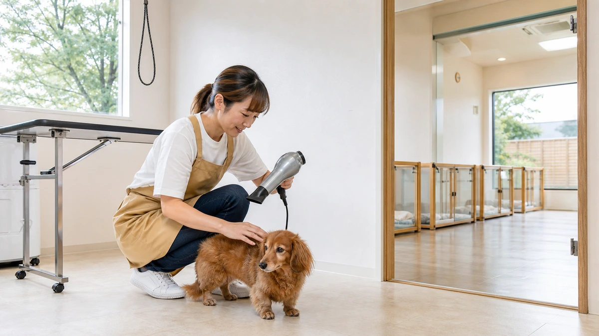 トリミングサロンで小型犬をドライヤーで乾かすトリマー。開いた扉の奥に宿泊スペースが見える