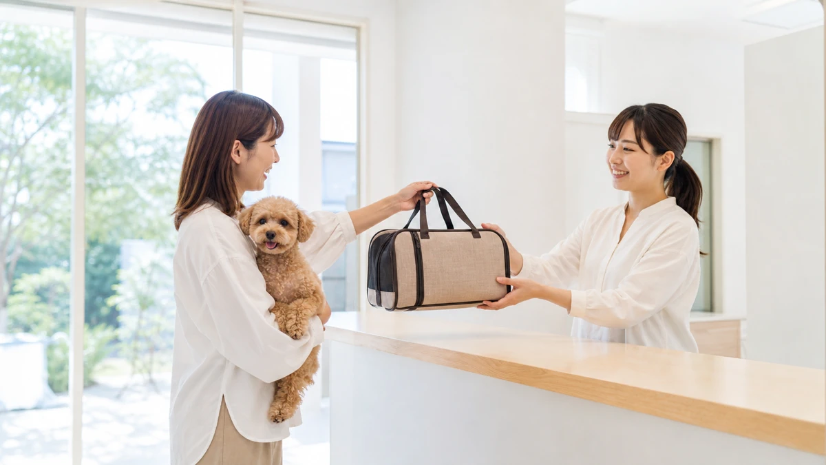 明るい日中のペットホテルの受付カウンターで、スタッフが小型犬を抱いた飼い主から荷物を受け取っている。白い内装の室内に大きな窓から自然光が入り、看板や掲示の文字は写っていない