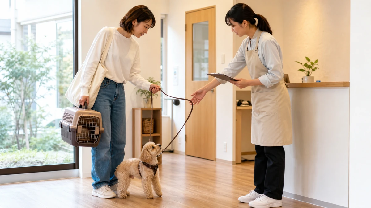 仙台市青葉区の個人経営ペットホテルで、飼い主が小型犬を預けるためスタッフと会話している様子