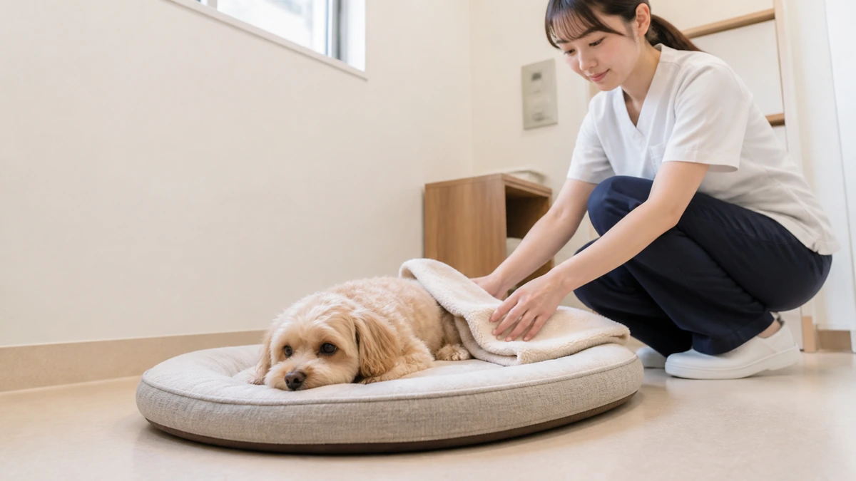 宮崎市の動物病院に併設されたペットホテルの一室で休む小型犬