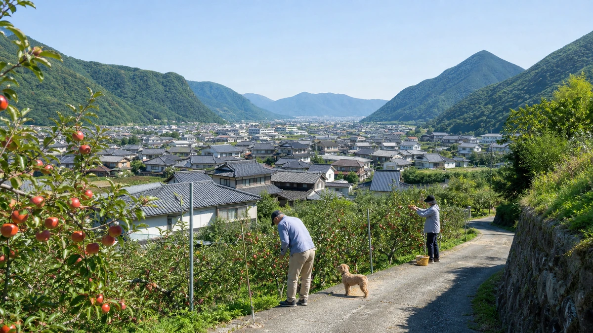 内陸の盆地の町を丘の道から見下ろした風景。瓦屋根とりんご畑、周囲を険しい緑の山が囲む