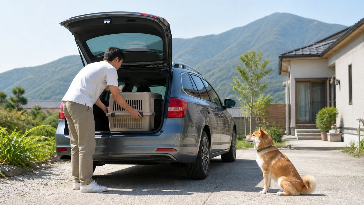 明るい駐車スペースでワゴン車にクレートを積み込む人。遠くに山並み、傍らに中型犬が立って待っている