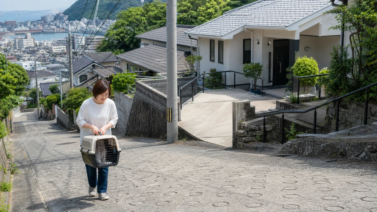 長崎市の坂道にある戸建ての動物病院に猫を連れて向かう飼い主