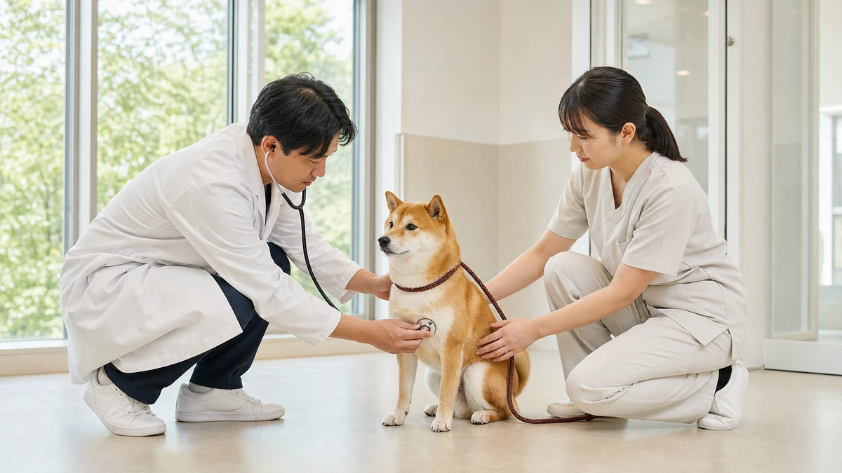 奈良市の動物病院併設ペットホテルで獣医師と看護師が犬の様子を確認している