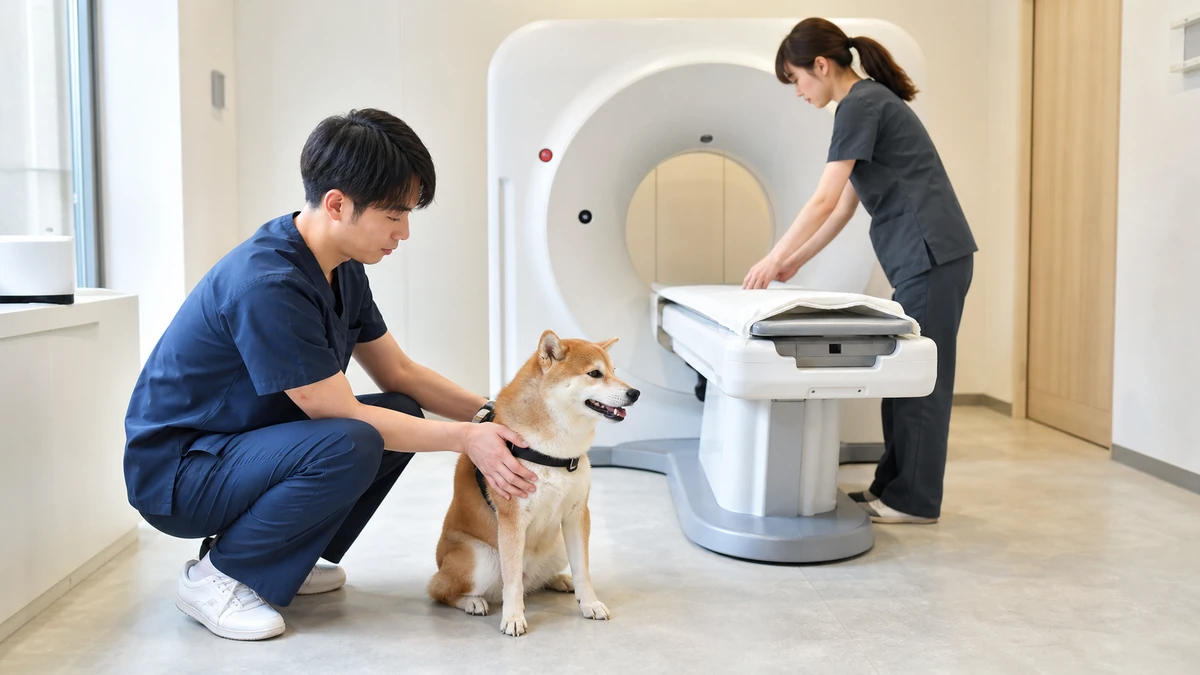 大分市の動物病院でCT検査の準備をするスタッフと犬