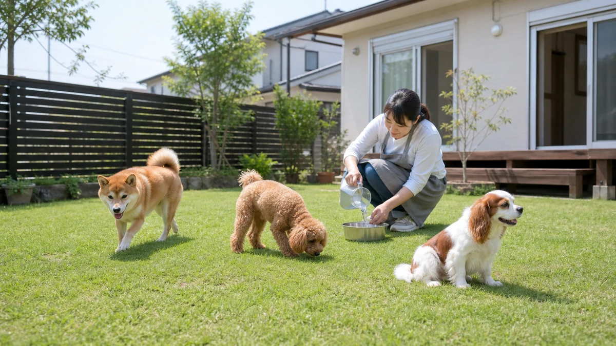 大分市の自宅開放型ペットホテルの広い庭で自由に過ごす犬