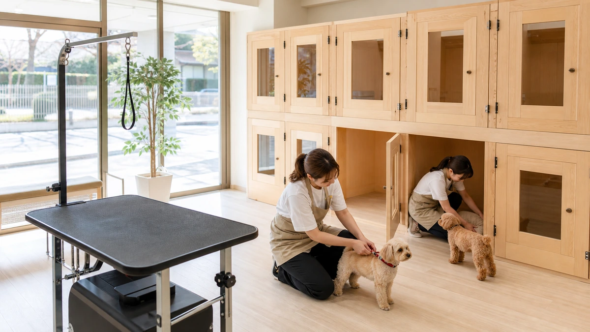 トリミングと宿泊を兼ねる施設の内観。手前にトリミング台、奥の壁沿いに木製の宿泊部屋が並ぶ