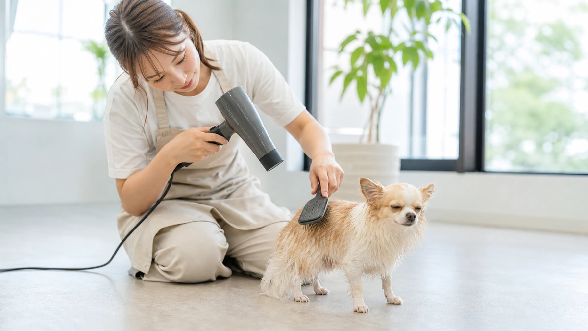 洗い上がりの小型犬をブラッシングするトリマー。犬は落ち着いている