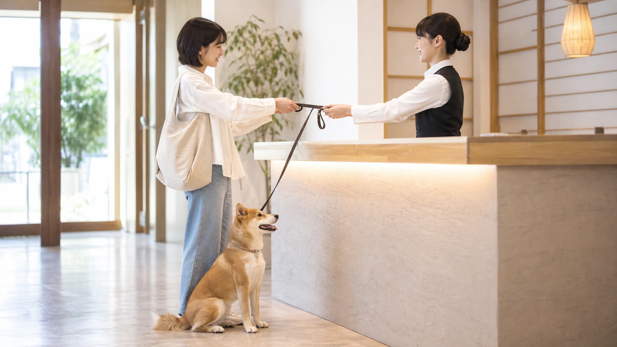 明るい受付でスタッフにリードを手渡す飼い主。足元に中型犬が座っている