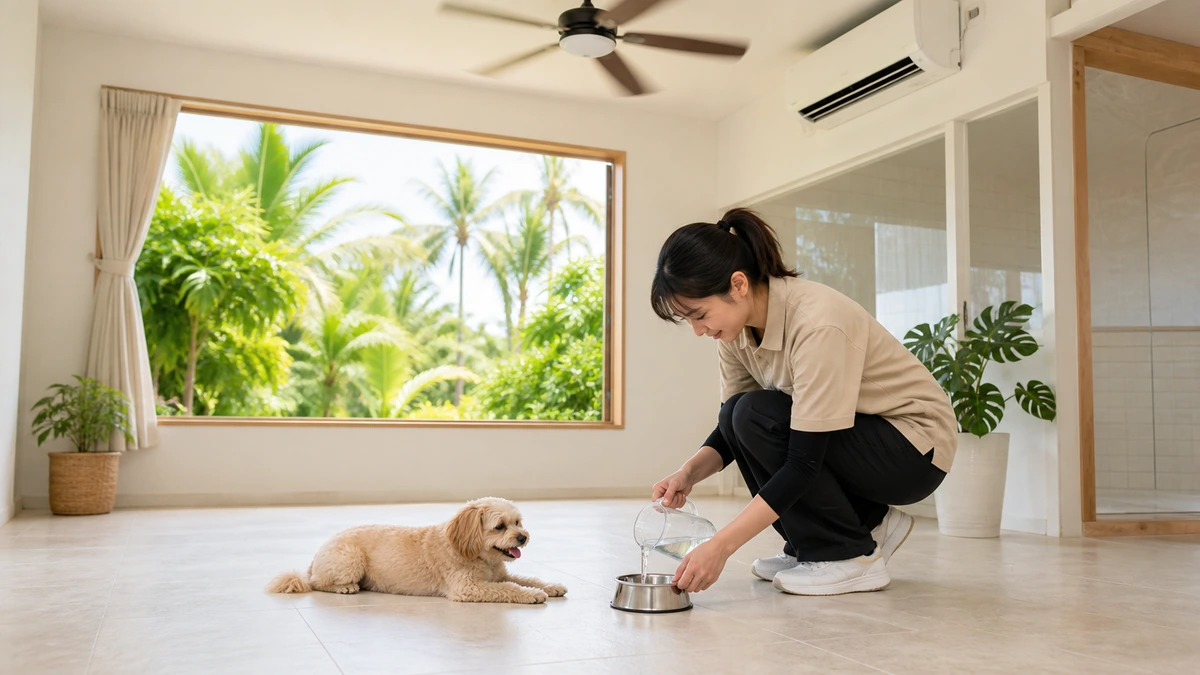 シーリングファンと壁掛けエアコンが稼働する宿泊部屋。犬がタイルの床に伏せ、窓の外に南国の植物