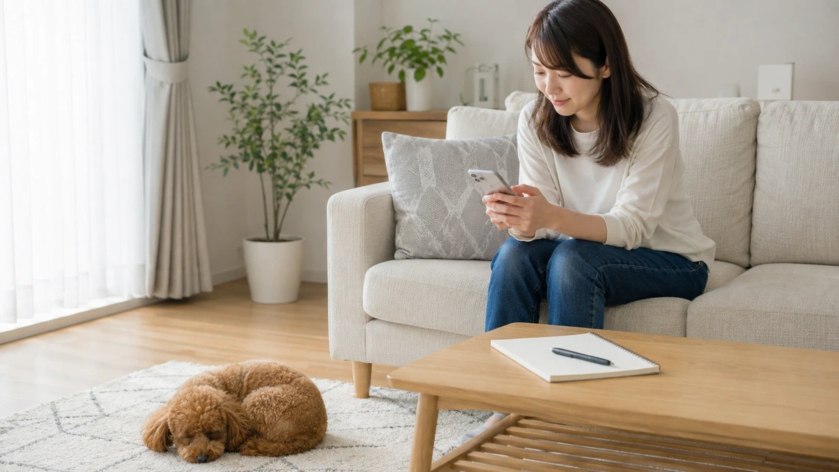 リビングのソファに座ってスマートフォンで調べものをする女性と、その足元のラグで丸くなっている茶色の小型犬。テーブルにはメモ帳とペンが置かれている