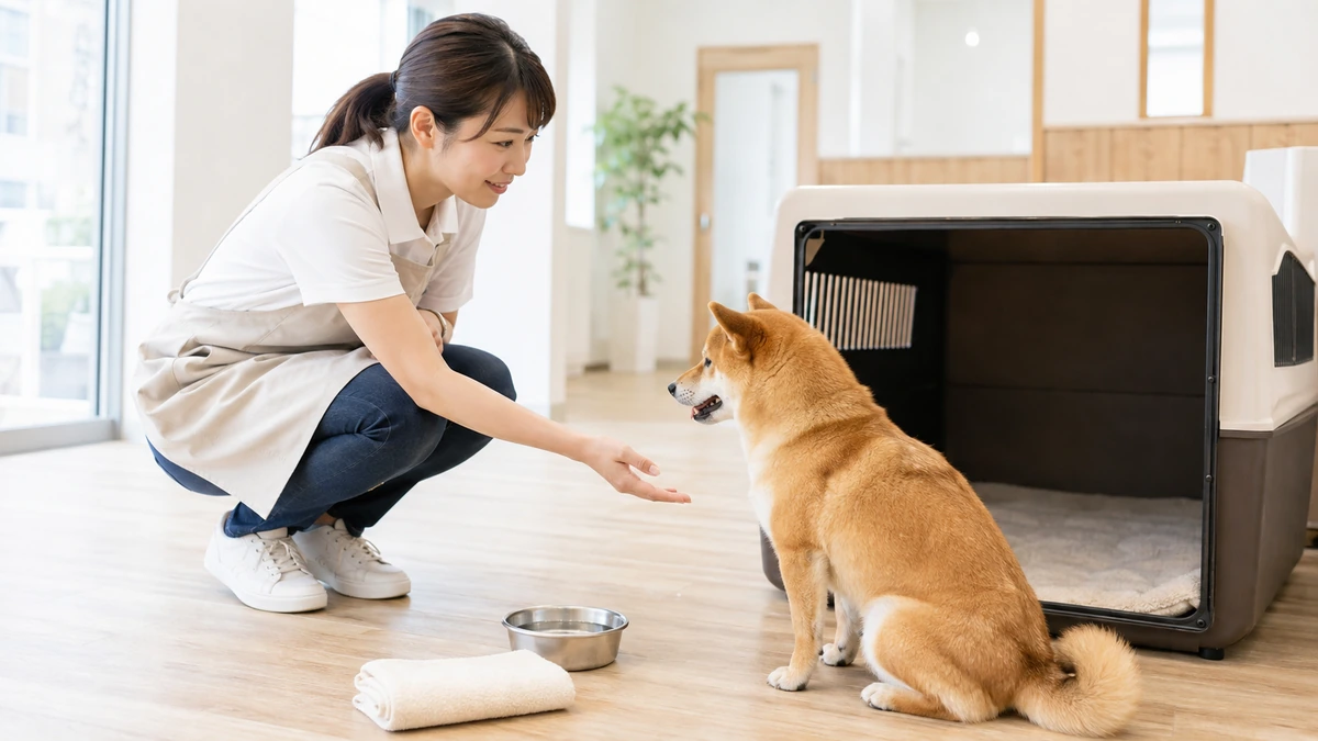 明るい室内で、開いたケージの前にしゃがんで柴犬に手を伸ばすスタッフのエプロン姿の女性。床には水入れとタオルが置かれている