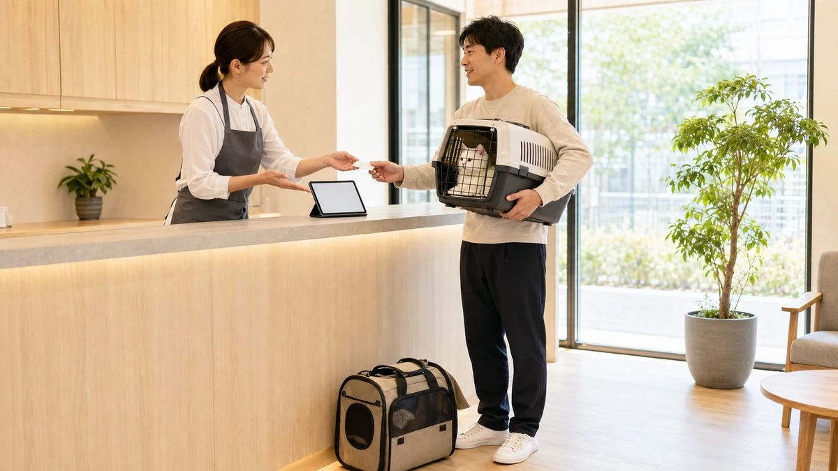 窓のある明るい室内で、キャリーバッグを足元に置き、カウンター越しにスタッフと話している男性。腕には白い猫が入ったキャリーが見える