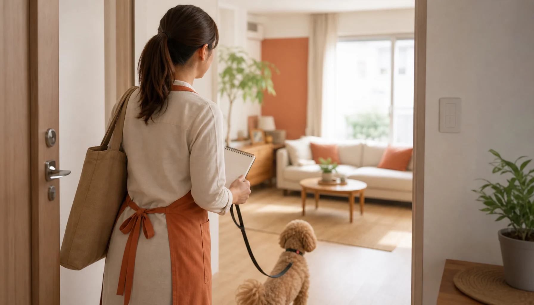 私邸にペットシッターが訪問してケアする様子