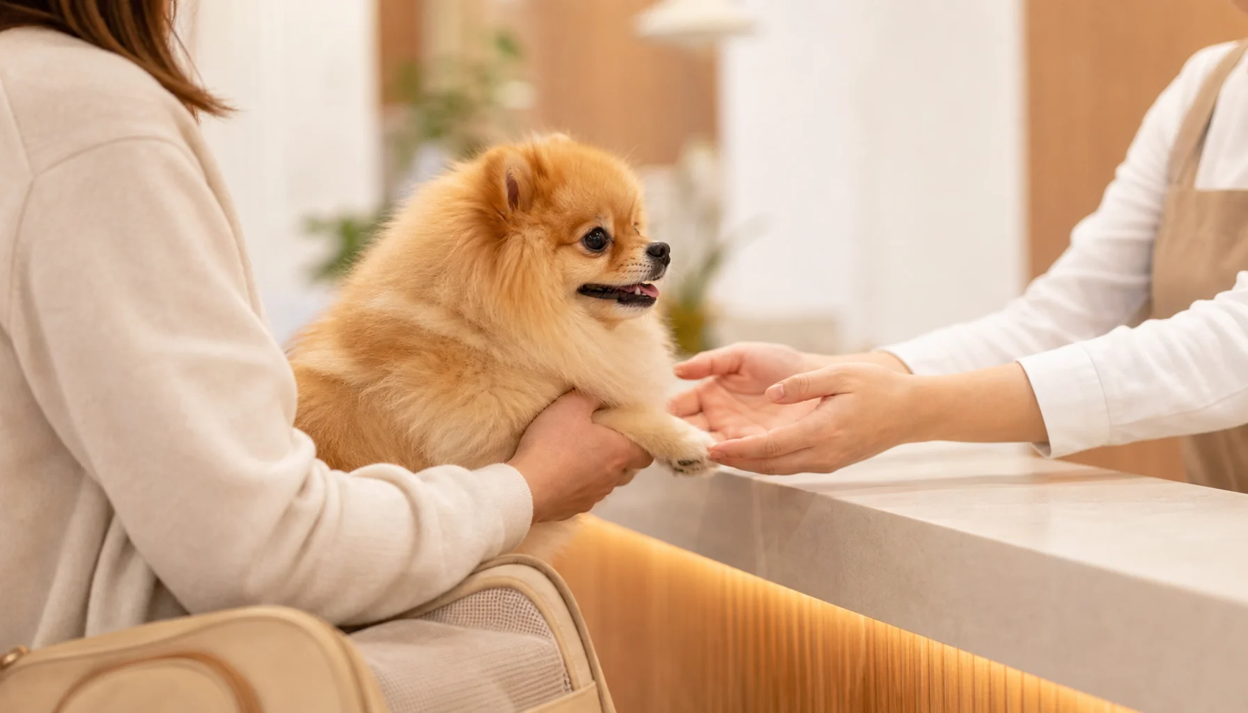 ペットホテル受付でポメラニアンを抱える飼い主