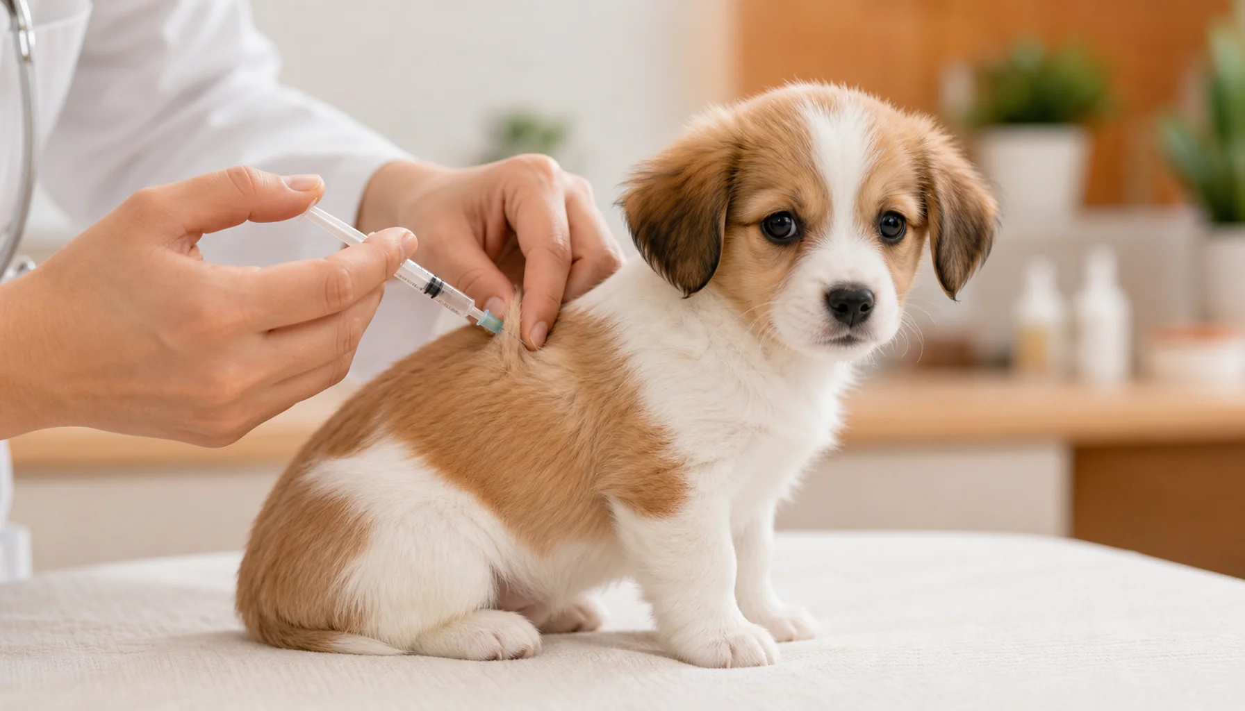 子犬にワクチン接種する獣医師の手元