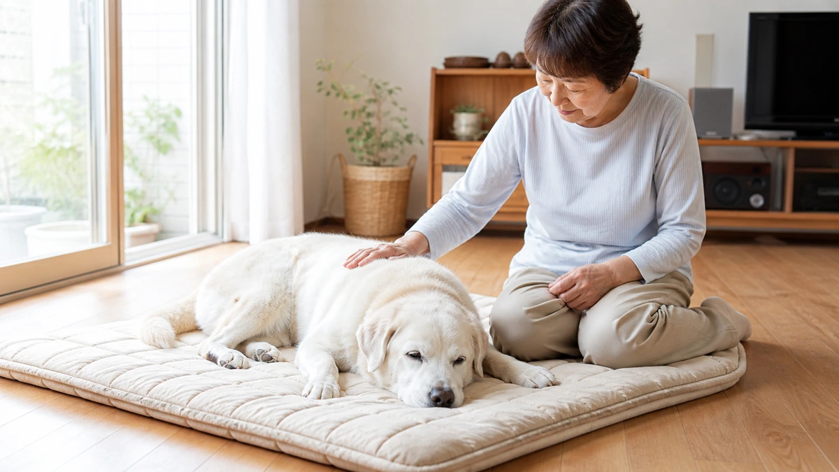 日当たりのよい室内で、厚手のマットに伏せた白い顔の高齢犬のそばに座り、背中に手を添えている年配の女性