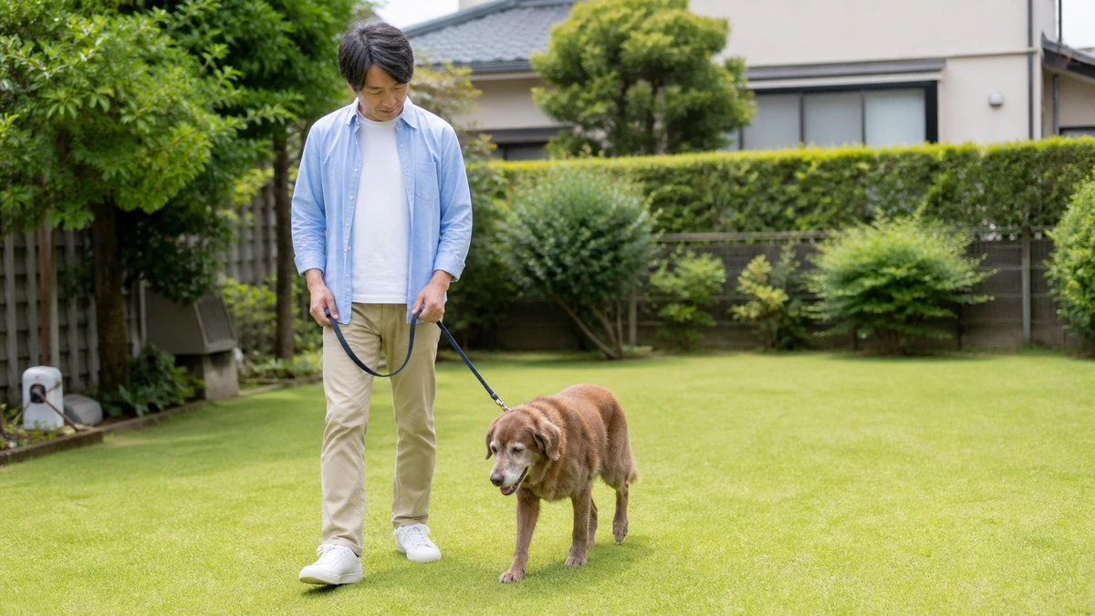 明るい庭の芝生を、ゆっくり歩く茶色の老犬と、リードを持って歩調を合わせる男性
