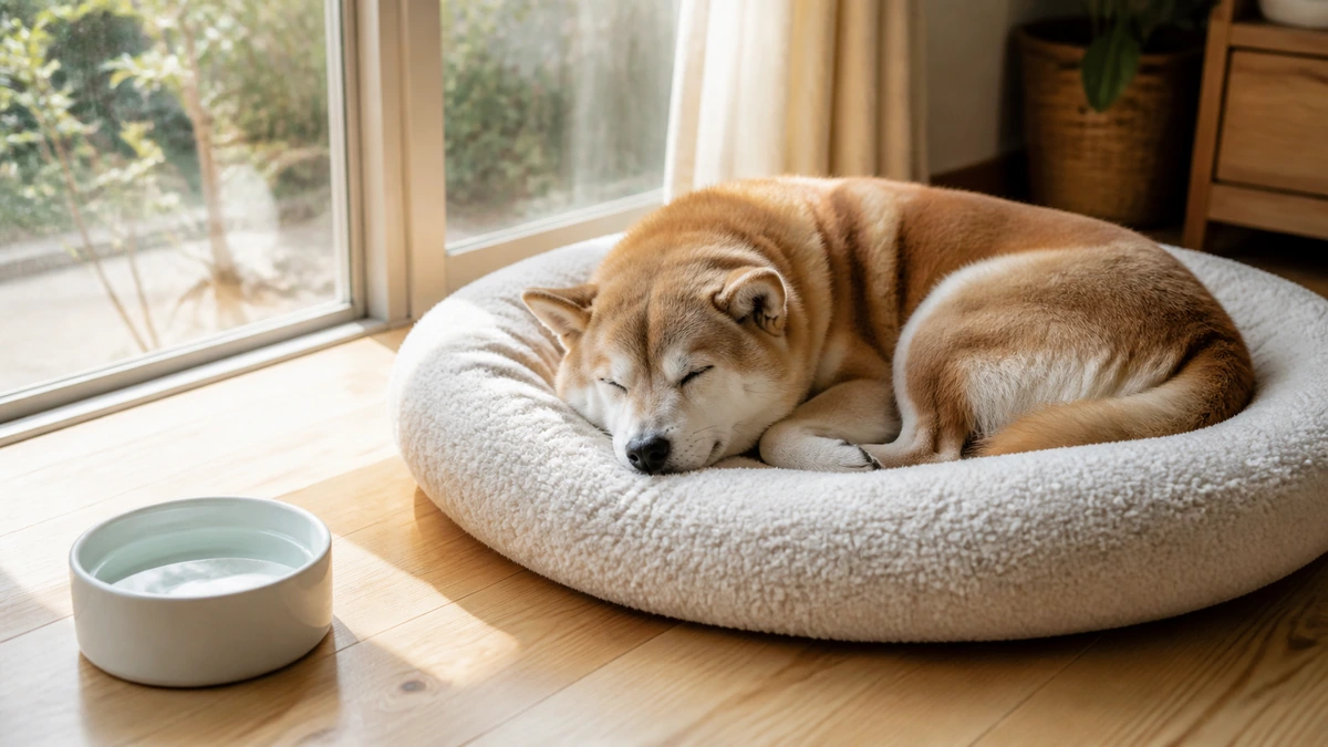 窓辺の日だまりで丸くなって眠る高齢の柴犬と、床に置かれた水入れと厚手のベッド