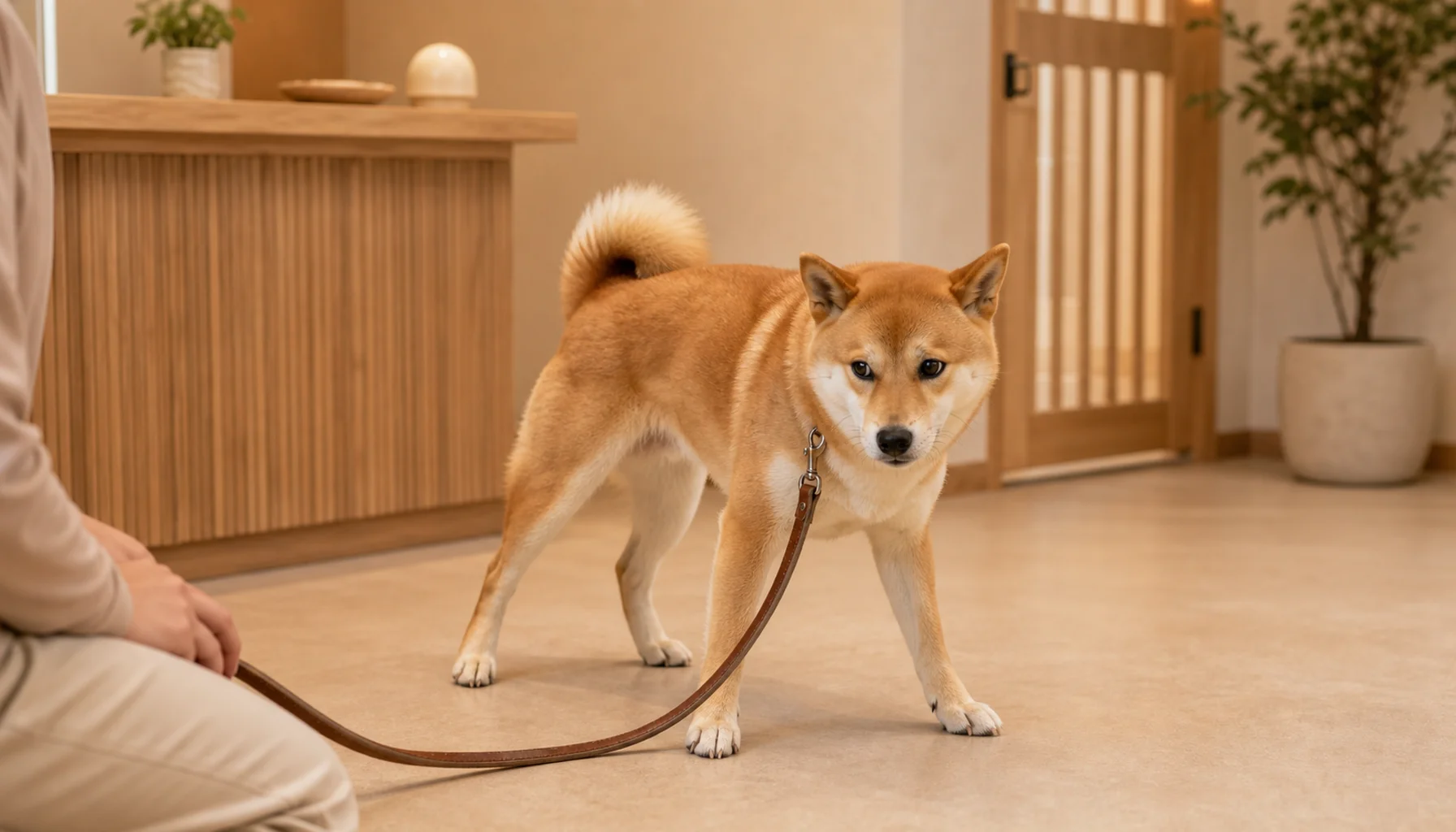 ペットホテル受付で人見知り柴犬を警戒気味に観察するスタッフ